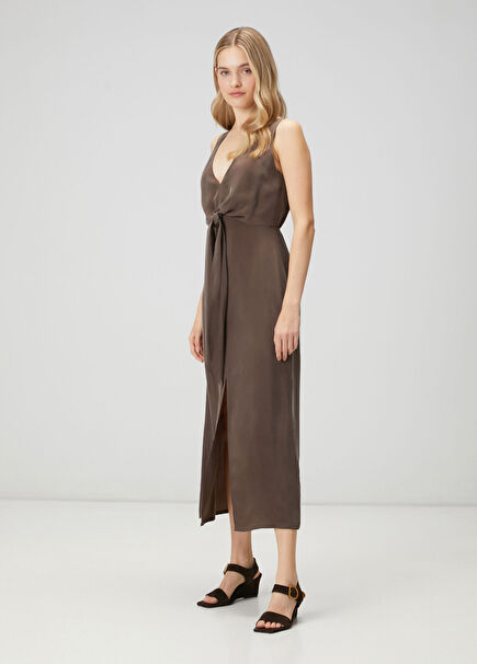 Brown Knot Detail Long Dress