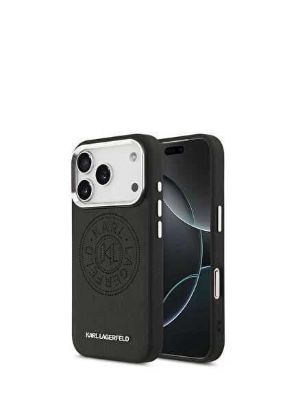 iPhone 17 Pro Max Delikli Tasarım Metal Logolu Siyah PU Deri Magsafe Uyumlu Telefon Kılıfı