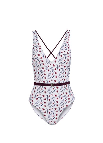 Corinna Floral Print Burgundy Belt Back Detailed Swimsuit