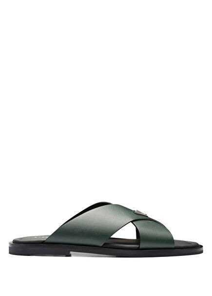 Green Saffiano Leather Cross Men's Slippers