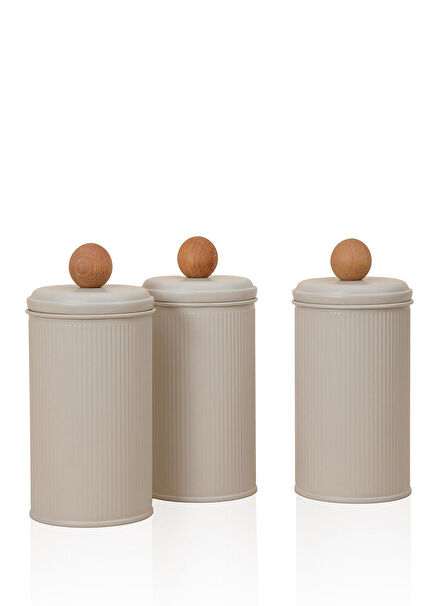 Stripe Bej Galvaniz Kaplama 3'lü Çay Kahve Şeker Kavanozu