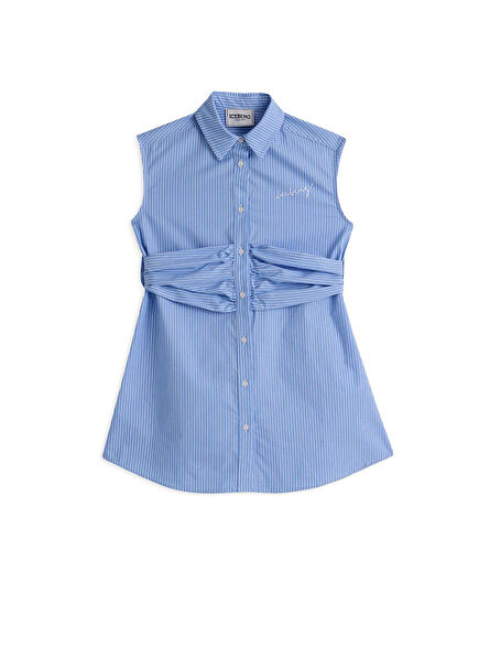 Mavi Çizgili Düğmeli Kız Çocuk Elbise