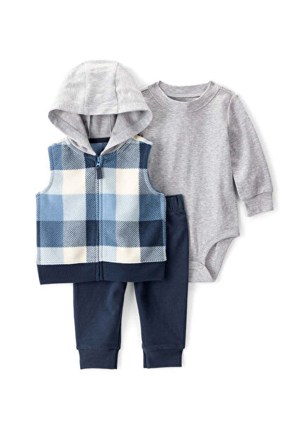 Navy Blue Pants Hooded Vest and Snap Button Body Baby Boy Set of 3