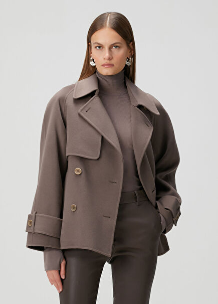 Taupe Double-Breasted Wool Coat