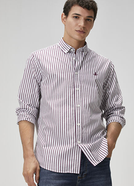 Comfort Fit Mürdüm Çizgi Desenli Gömlek