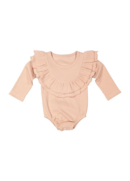 Pembe %100 Pamuk Uzun Kollu Volanlı Kız Bebek / Çocuk Body