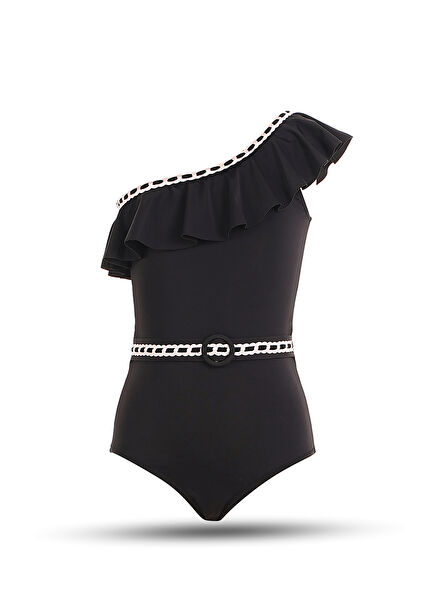 One Shoulder Ruffled Belt Detail Girls Swimsuit