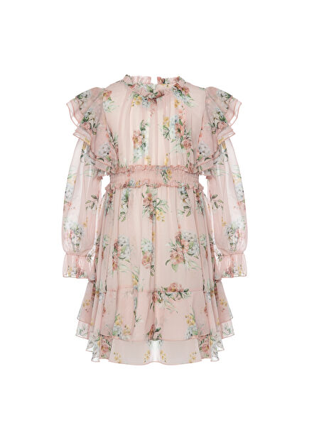 Pembe Kat Kat Etekli Çiçekli Şifon Kız Çocuk Elbise