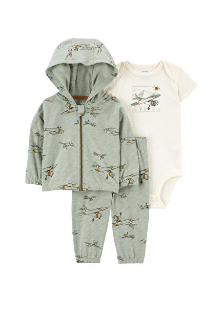 Yeşil Hırkalı Erkek Bebek 3'lü Set