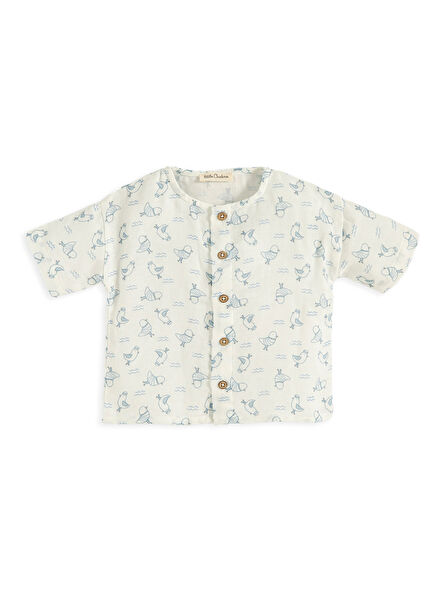 Sea Sıde Baskılı Ekru Organik Pamuklu Unisex Bebek Gömlek 