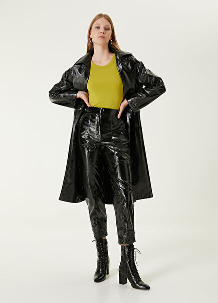 Siyah Jersey Kapüşonlu Rugan Pardösü