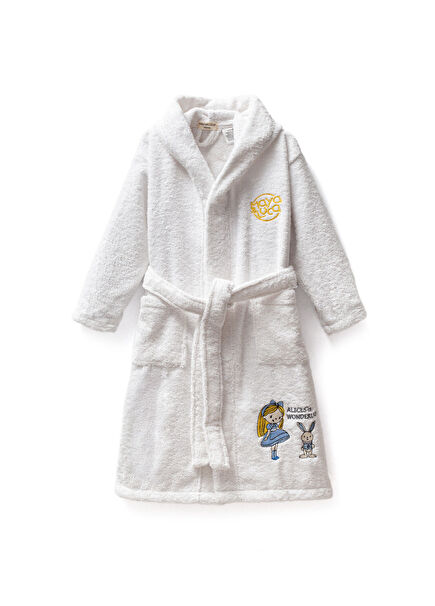 Beyaz Alice Nakışlı Pamuklu Kız Çocuk Bornoz