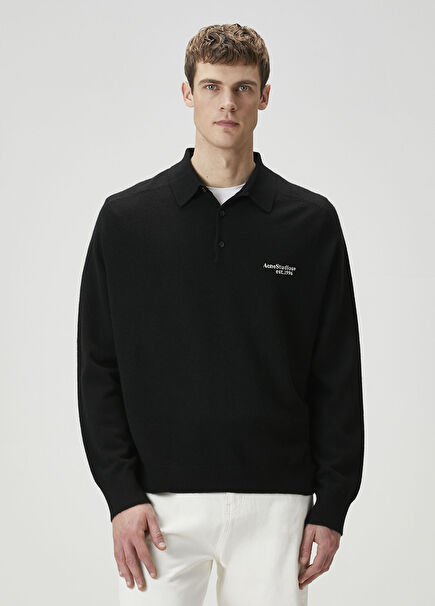 Siyah Polo Yaka Logo Nakışlı Yün Triko