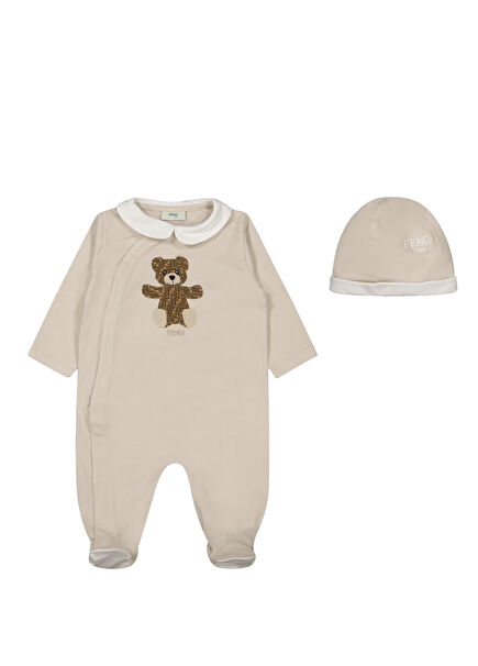 2-Piece Unisex Baby Romper Set With Beige Logo Det