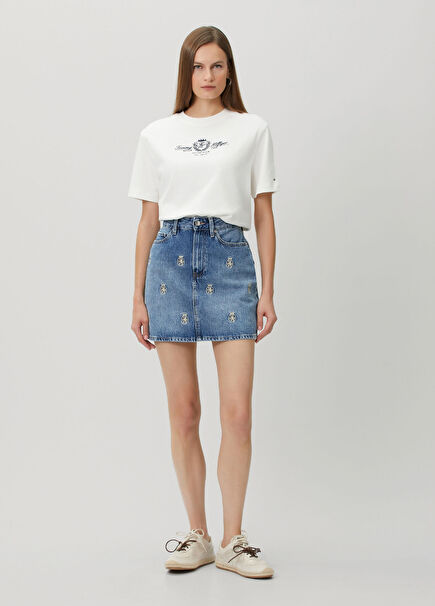 Mavi Nakışlı Mini Denim Etek