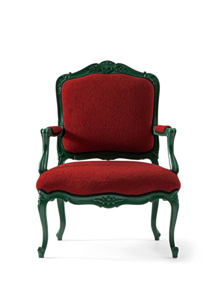 Zümrüt Yeşili Çerçeveli El Oymalı Kırmızı Klasik Berjer