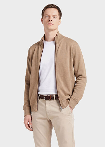 Beige Zippered Regular Fit Men's Cardigan