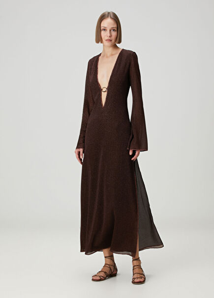 Kahverengi Simli Maksi Elbise