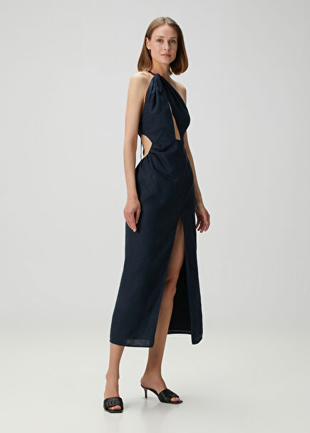 Bloom Navy Midi Linen Dress