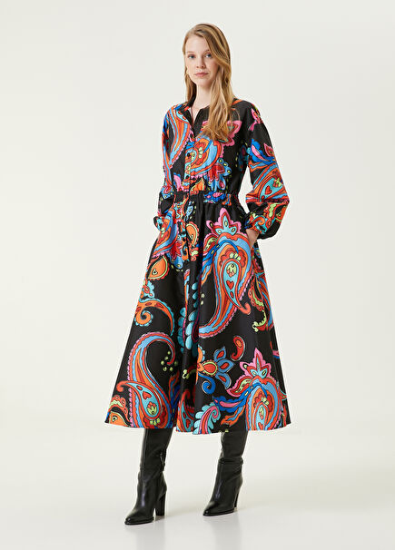 Colorblocked Scarf Patterned Midi Taffeta Shirt Dress