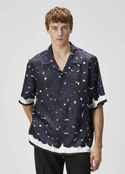 Navy Blue Floral Print Short Sleeve Silk Shirt