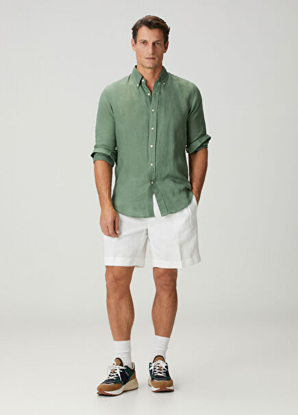 Straight Fit White Linen Bermuda