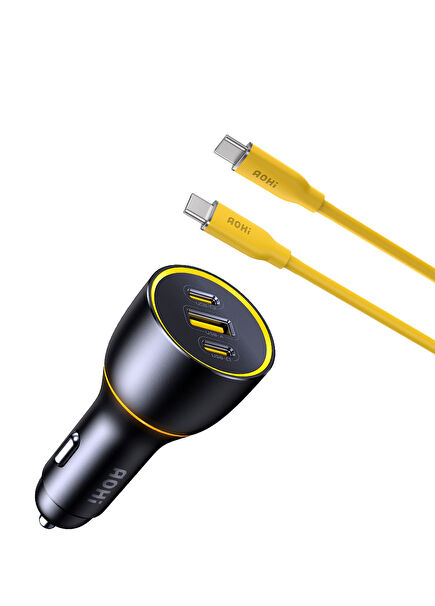 Araç İçi 3 Portlu 170W Şarj Cihazı PD 3.1 480Mbps Süper Hızlı Şarj Data Kablosu Seti