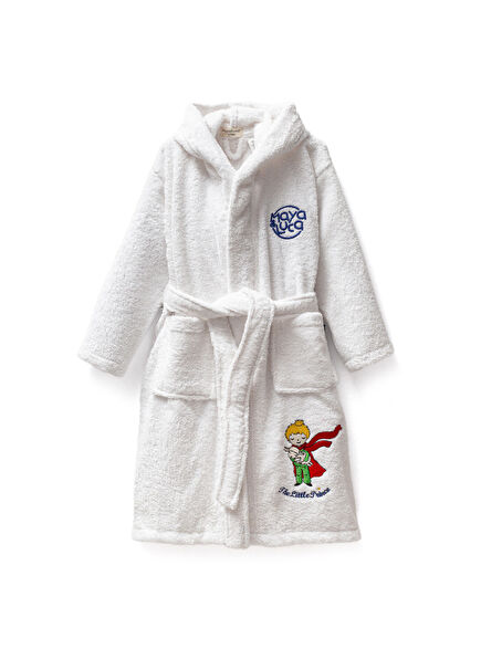 Beyaz Küçük Prens Nakışlı Pamuklu Erkek Çocuk Bornoz