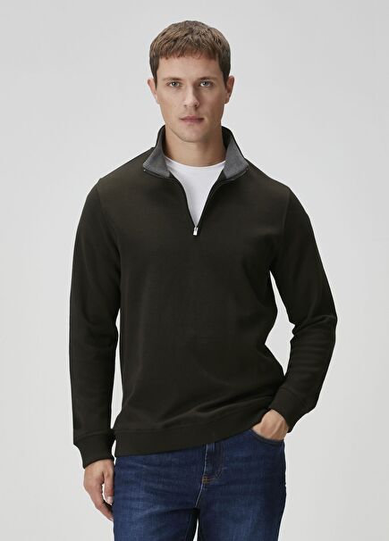 Haki Yakası Fermuarlı Sweatshirt