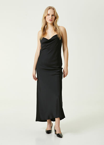 Black Open Back Maxi Satin Evening Dress