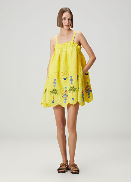 Sarı Nakışlı Mini Plaj Elbisesi