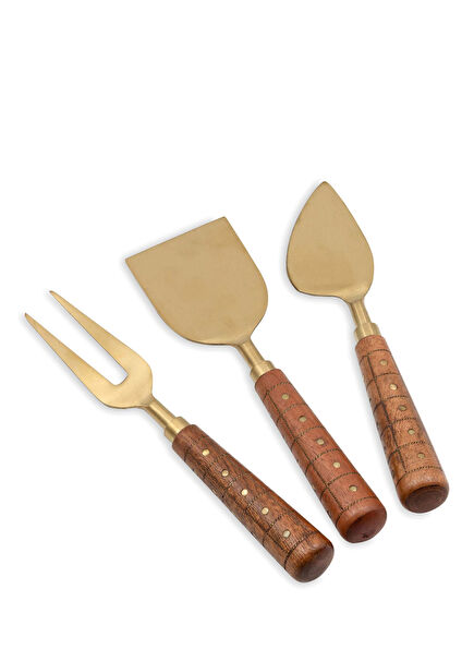 Wood Ahşap Saplı Çelik 3'lü Peynir Servis Takımı