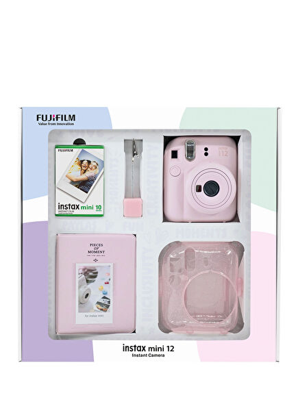 Instax Mini 12 Pink Camera + 10pcs Film Glitter Plexi Case PVC Album and Clamp Picture Stand Bundle Box