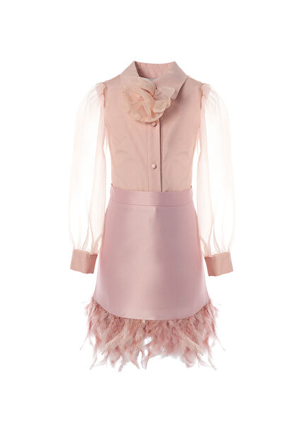 Pudra Tüylü Etek ve Güllü Bluz Kız Çocuk 2'li Set