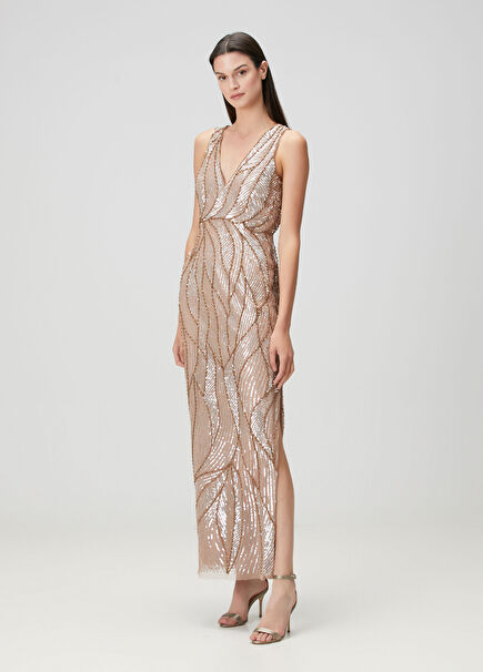 Beige Sequined Maxi Evening Dress