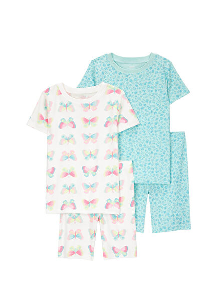 Baskılı Renkli Kısa Kollu Kız Çocuk 4'lü Pijama Seti