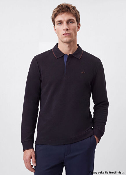 Comfort Fit Koyu Lacivert Ottoman Polo Sweatshirt