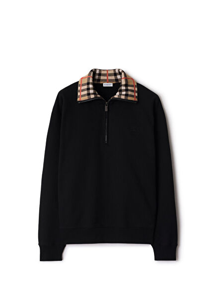 Ray Check Collar Siyah Polo Yaka Yarım Fermuarlı Erkek Kazak