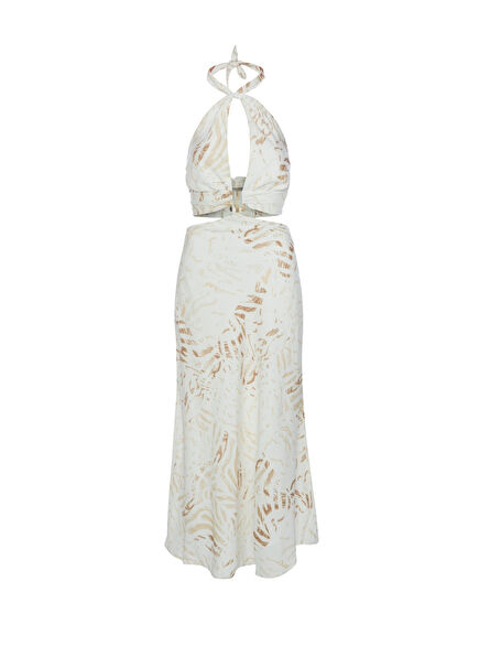 Cut-Out Linen Blend Maxi Dress with Neck-Tie Neck