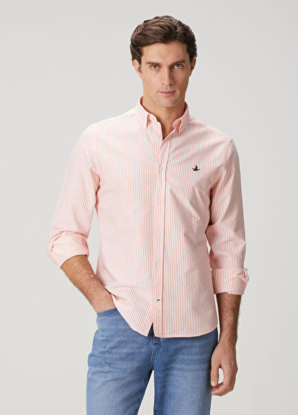 Comfort Fit Turuncu Beyaz Çizgili Oxford Gömlek