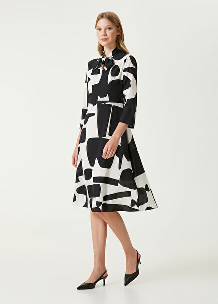 Black White Patterned Midi Silk Dress