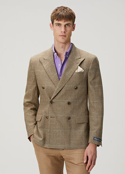 Brown Plaid Pattern Double-Breasted Wool Jacket