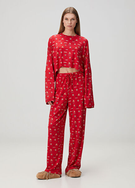 Cropped Long Sleeve And Pant Red Pajama Set