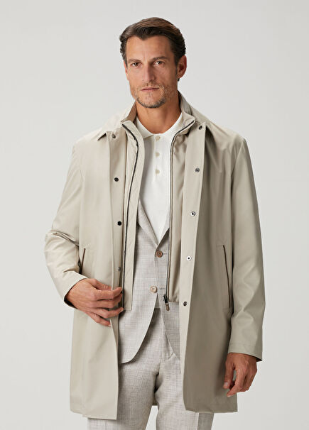 Beige Hooded Overcoat