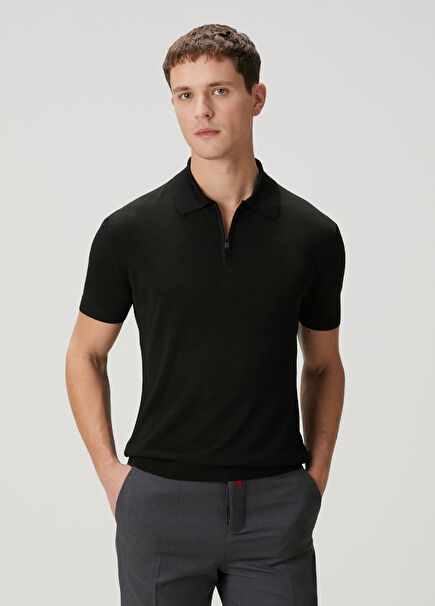 Siyah Polo Yaka İpek T-shirt