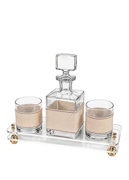 Cream Leather Belted Glass 2-Piece Whiskey Set