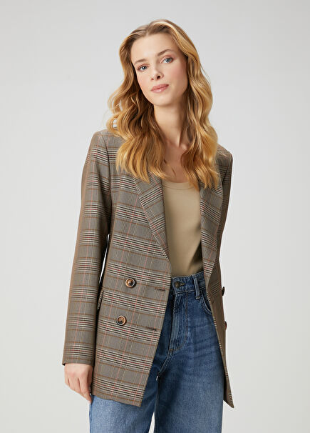 Camel Plaid Patterned Wool Double-Breasted Blazer