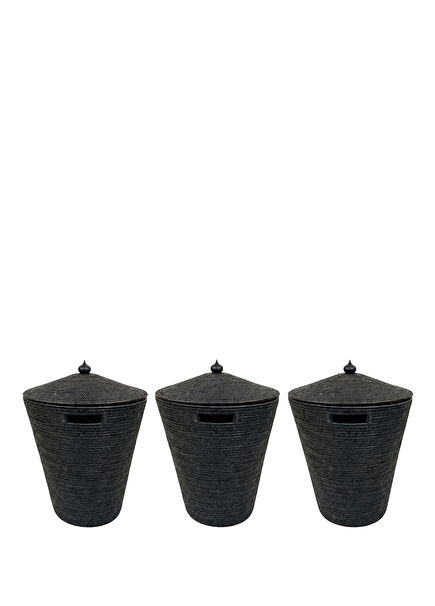 Siyah Hasır 3'lü Kapaklı Çamaşır Sepeti