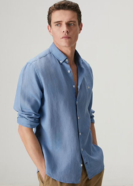 Comfort Fit Grey Blue Linen Shirt
