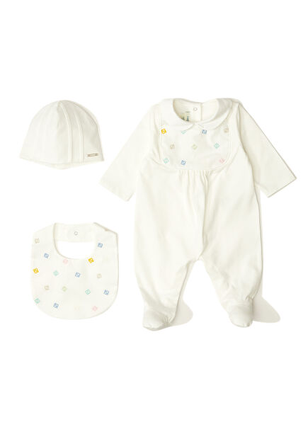 Beyaz Logo Nakışlı 3lü Unisex Bebek Tulum Seti